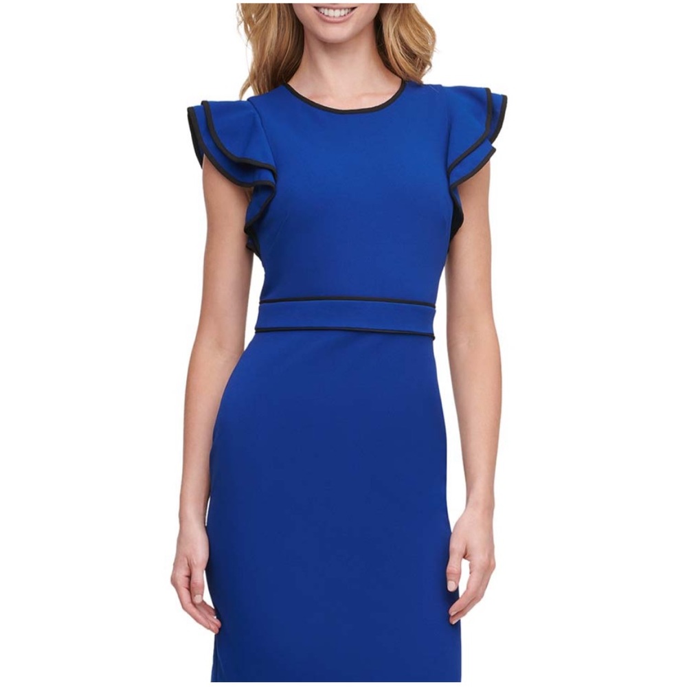 🆕️ Tommy Hilfiger | Majorelle Blue & Black Piping-Trim Flutter-Sleeve Dress